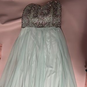 Floor length light blue prom dress